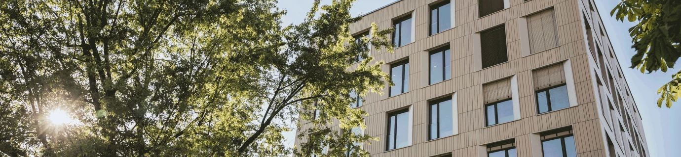 Modernes Eckgebäude mit beige gestreifter Fassade und zahlreichen Fenstern, umgeben von grünen Baumkronen bei Sonnenschein (Bärahus, Holzbau).