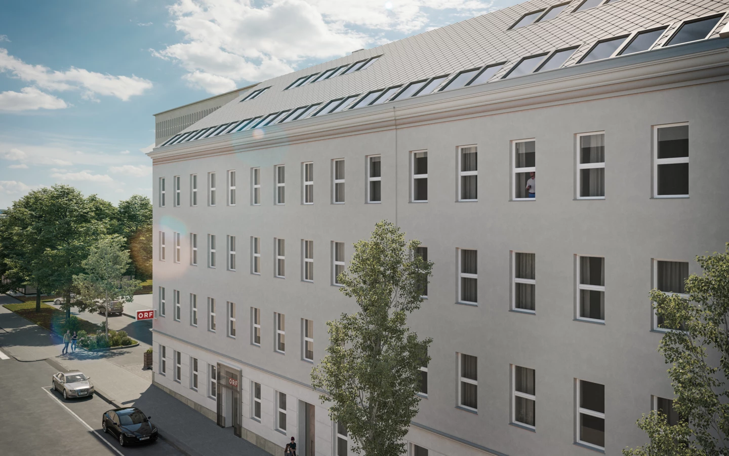 210401 RhombergBau Funkhaus Aussen Strasse 02 mit Autos und Himmel 210401 RhombergBau Funkhaus Aussen Strasse 02 mit Autos und Himmel